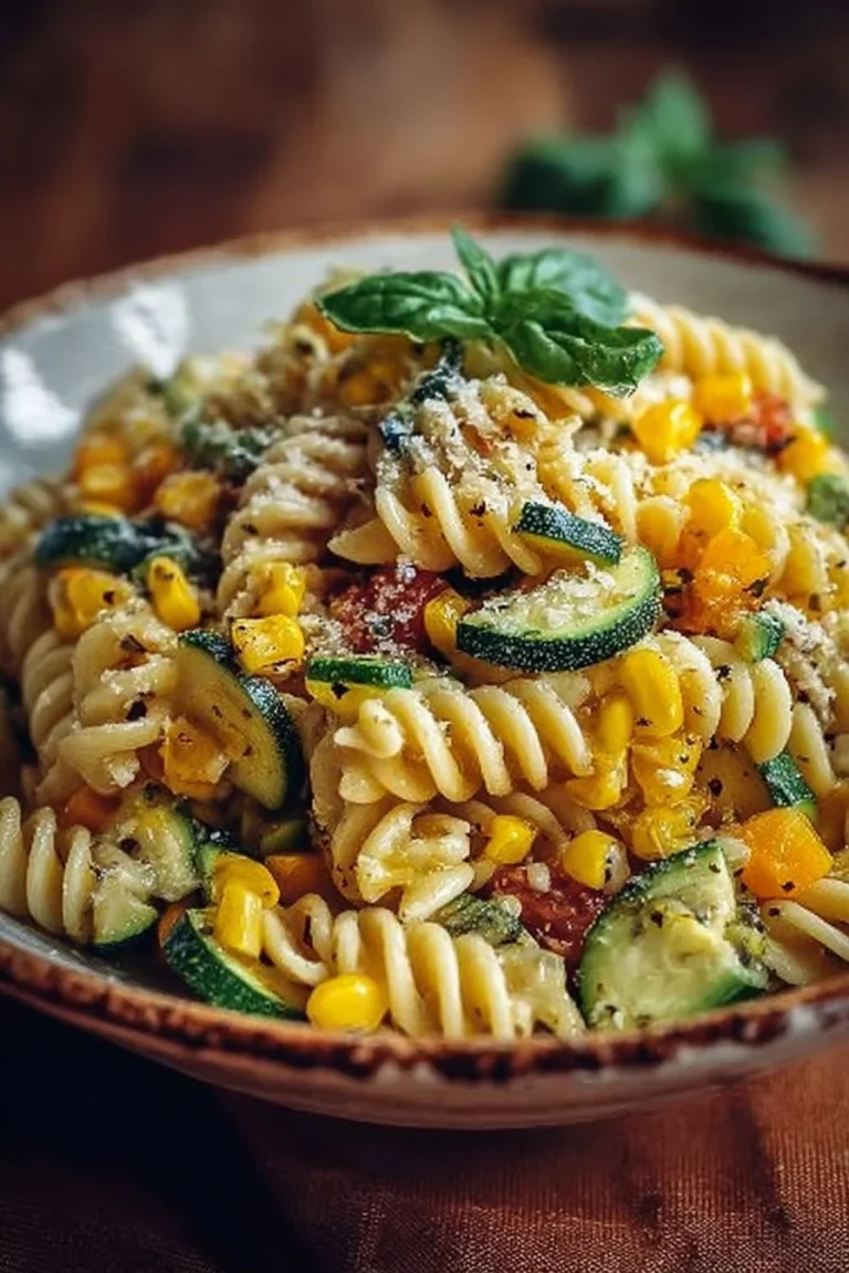 Vibrant corn zucchini pasta salad served in a bowl for summer meal