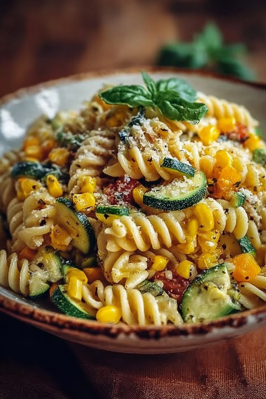 Vibrant corn zucchini pasta salad served in a bowl for summer meal