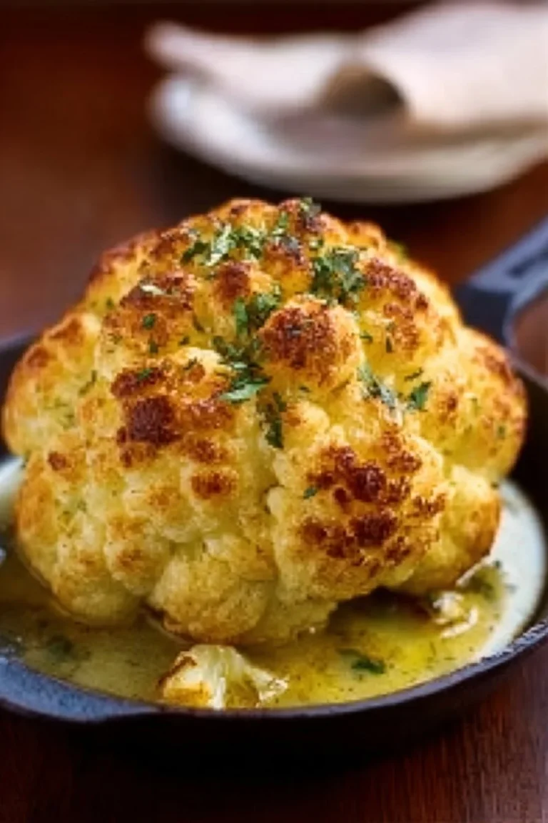 Whole roasted cauliflower drizzled with butter sauce on a serving platter.
