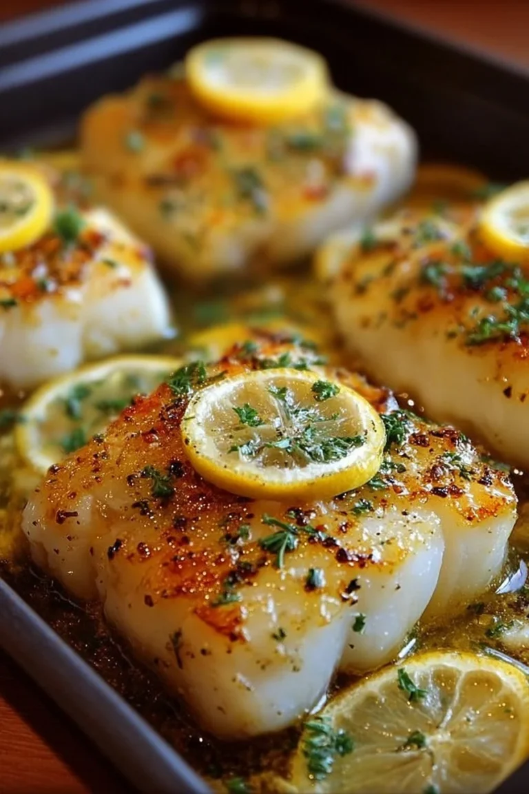 Zesty lemon garlic baked cod served on a plate with fresh herbs and lemon slices.