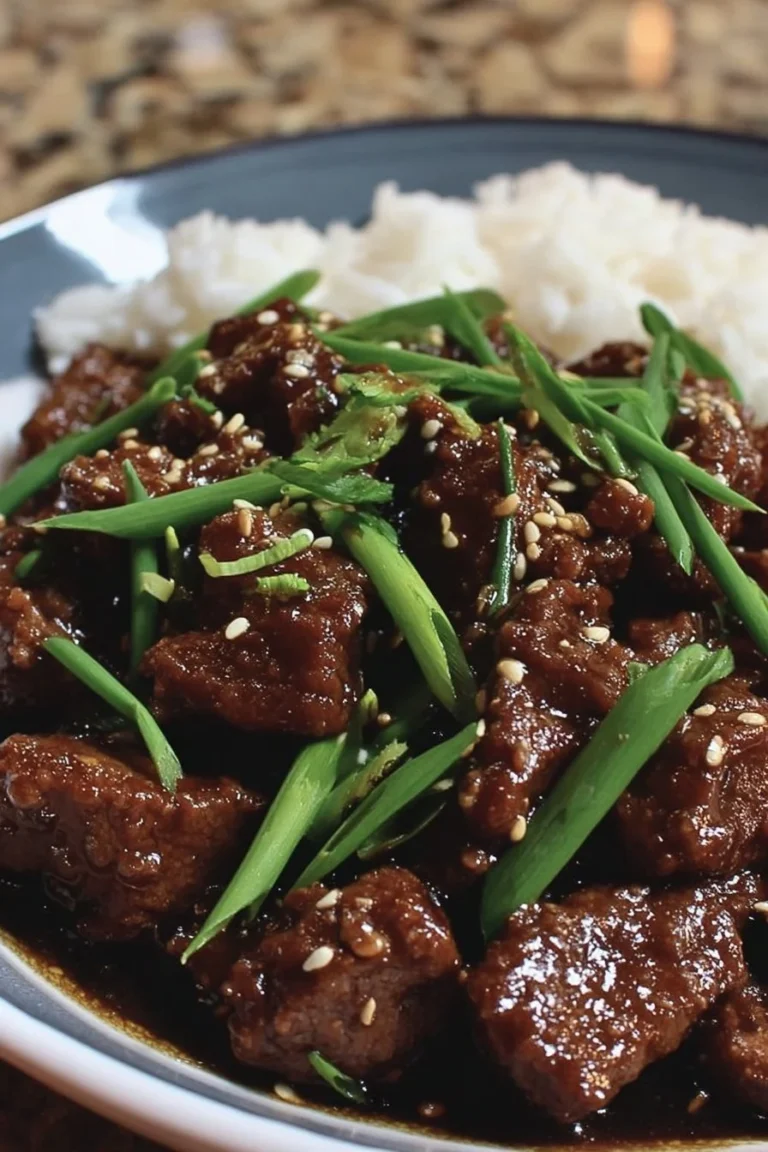 Delicious plate of 30-Minute Mongolian Beef garnished with green onions