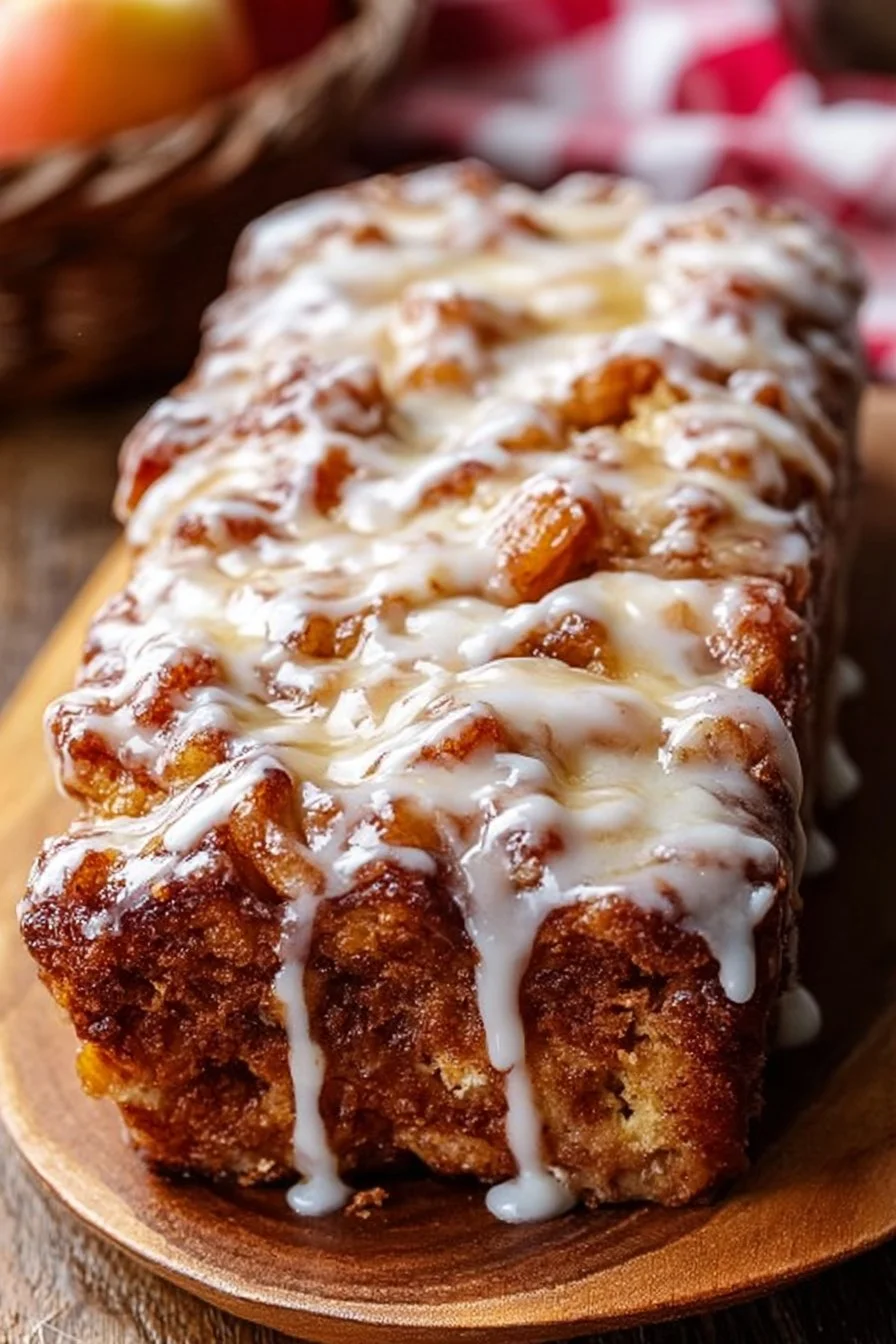 Delicious Amish apple fritter bread with apple chunks and icing drizzle