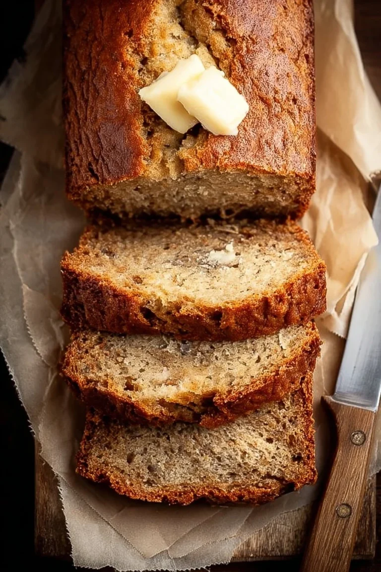 Freshly baked banana bread with bananas and walnuts on a wooden table