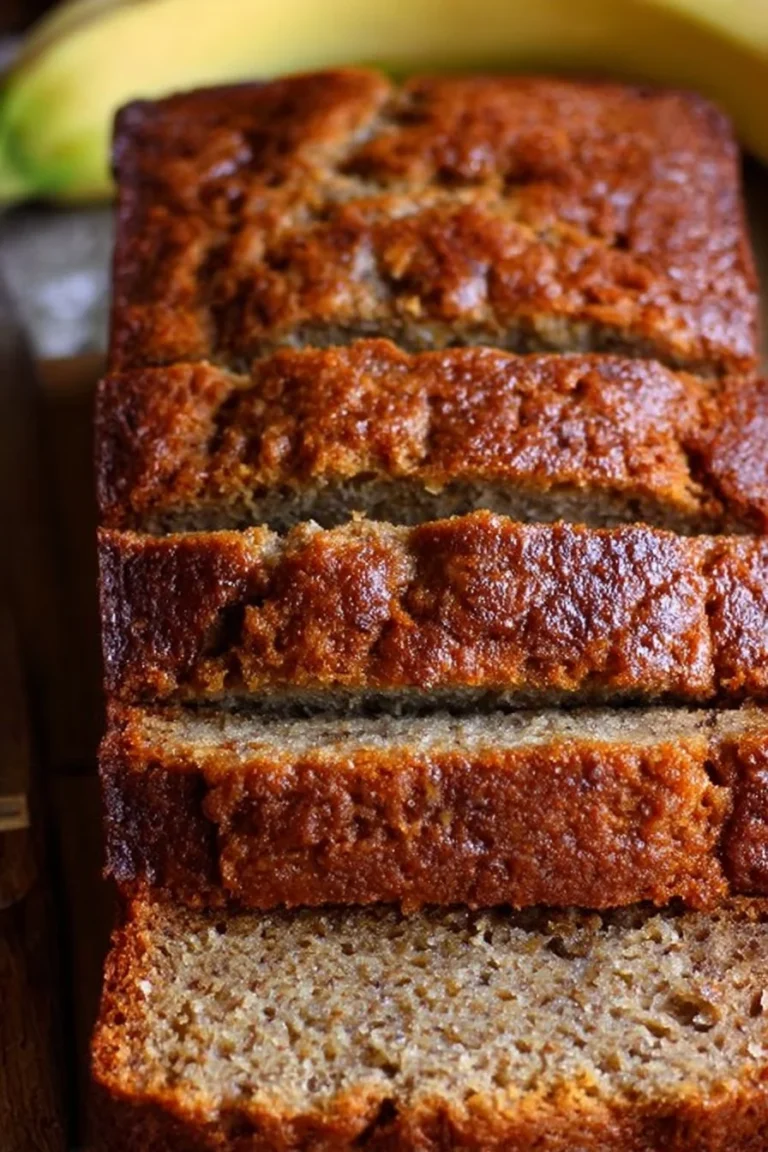 Moist banana bread freshly baked, golden brown with a slice cut out.