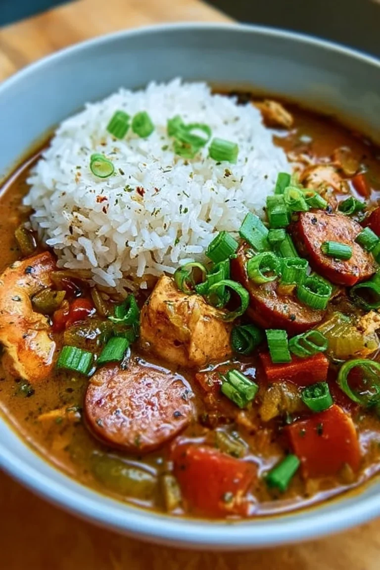 Delicious bowl of Cajun Chicken and Sausage Gumbo garnished with herbs
