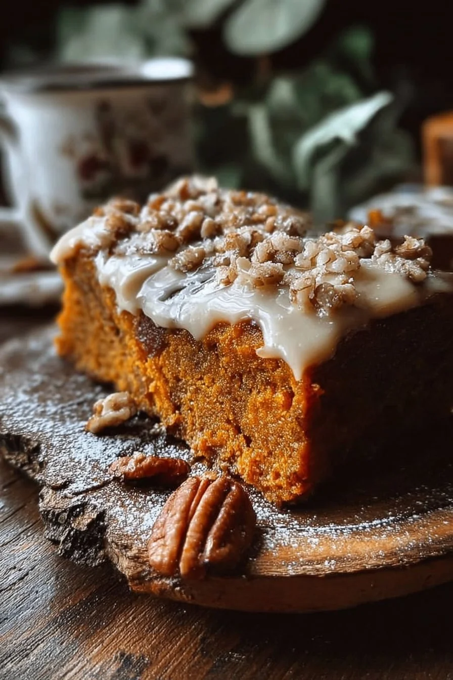 Slice of Best Sweet Potato Honeybun Cake topped with honey glaze