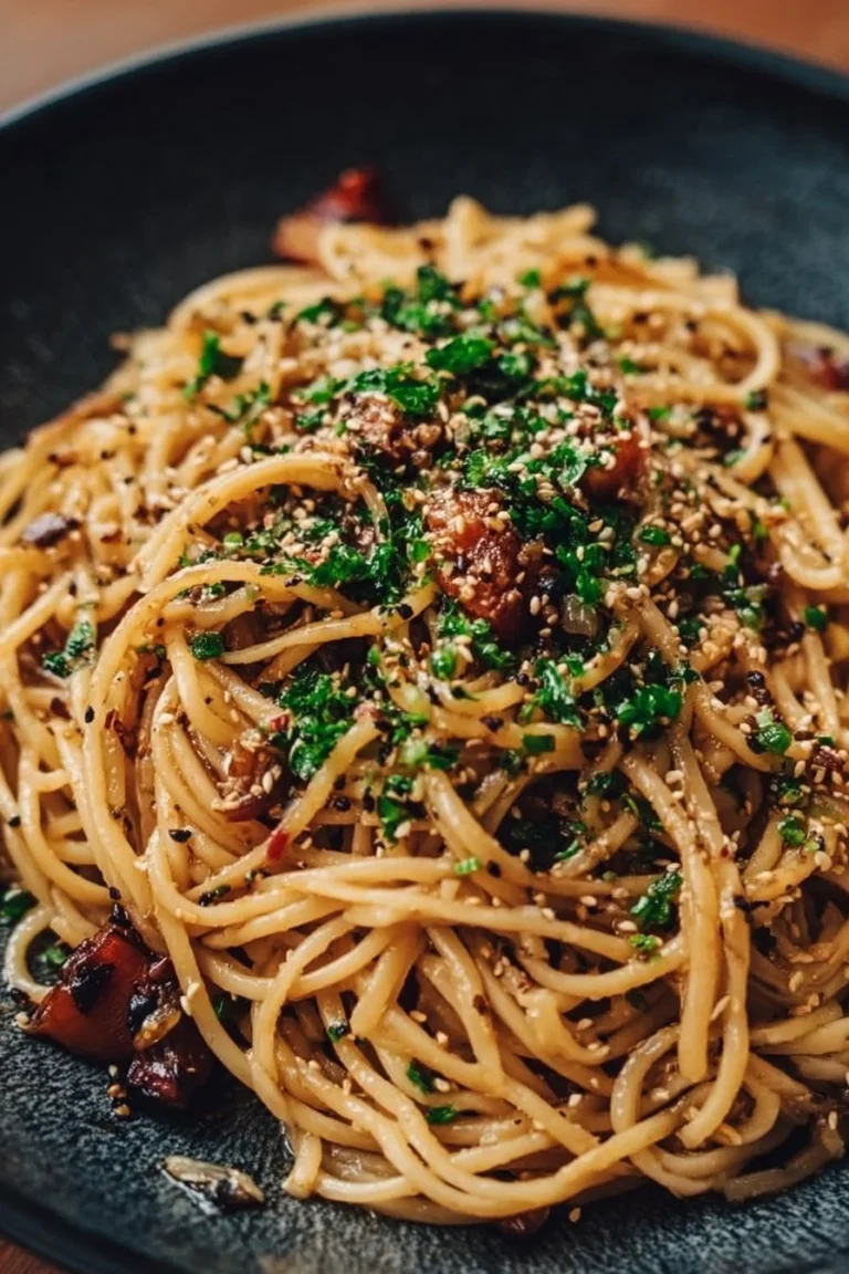 Delicious vegan garlic noodles garnished with fresh herbs and chopsticks.