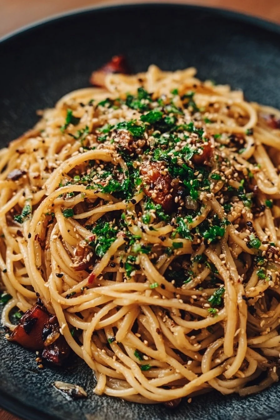 Delicious vegan garlic noodles garnished with fresh herbs and chopsticks.