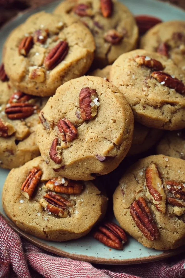 Freshly baked butter pecan cookies with pecans and a golden brown finish