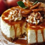 Sliced Caramel Apple Cheesecake topped with caramel drizzle and apple slices