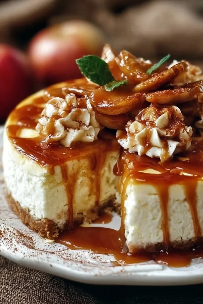 Sliced Caramel Apple Cheesecake topped with caramel drizzle and apple slices