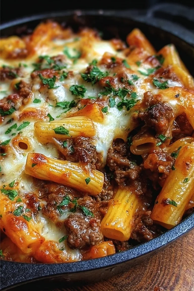 Delicious cheesy beef pasta bake in a baking dish, topped with melting cheese.
