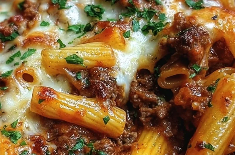 Delicious cheesy beef pasta bake in a baking dish, topped with melting cheese.