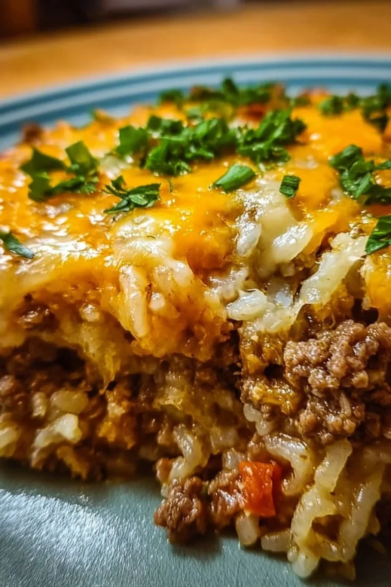 Cheesy Ground Beef and Rice Casserole served in a baking dish