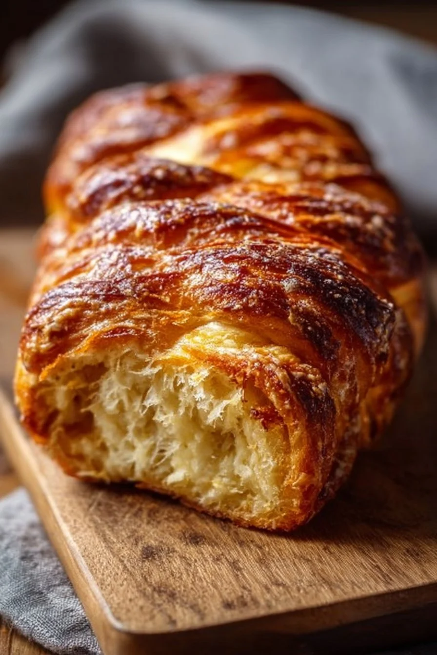 Cheesy homemade croissant bread loaf fresh out of the oven, perfect for dinner