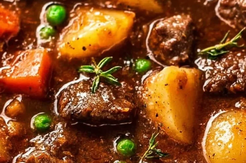 A bowl of comforting crockpot beef stew with vegetables and herbs.