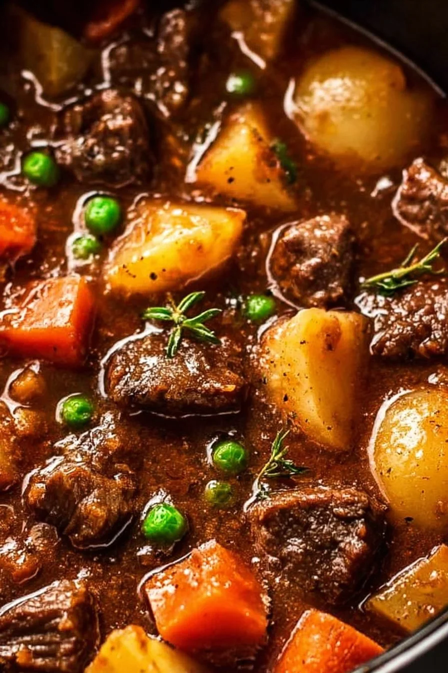 A bowl of comforting crockpot beef stew with vegetables and herbs.