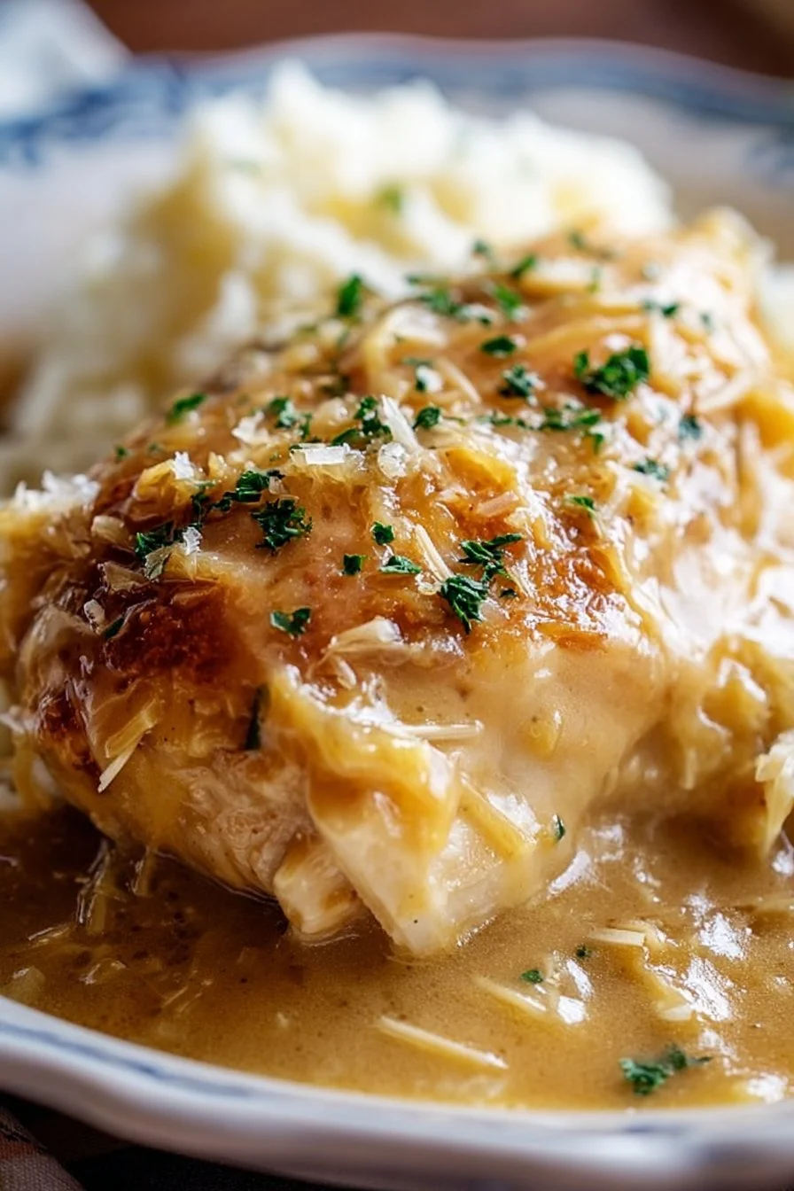 Delicious crockpot chicken served with rich gravy in a comforting dish.