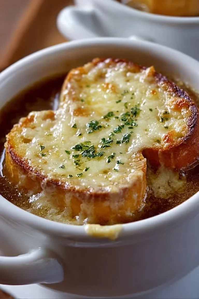 Bowl of slow cooker French onion soup topped with melted cheese and herbs