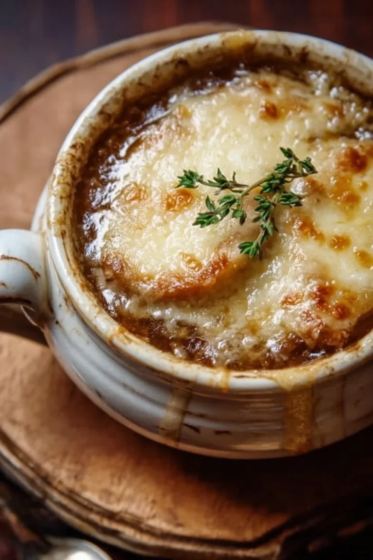 Delicious Crock Pot French onion soup garnished with melted cheese