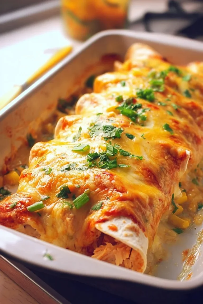 Cream Cheese Chicken Enchiladas topped with cheese and herbs