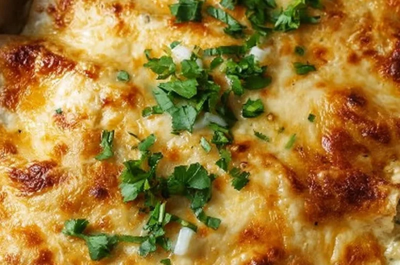 Delicious plate of creamy cream cheese enchiladas topped with sauce and herbs.