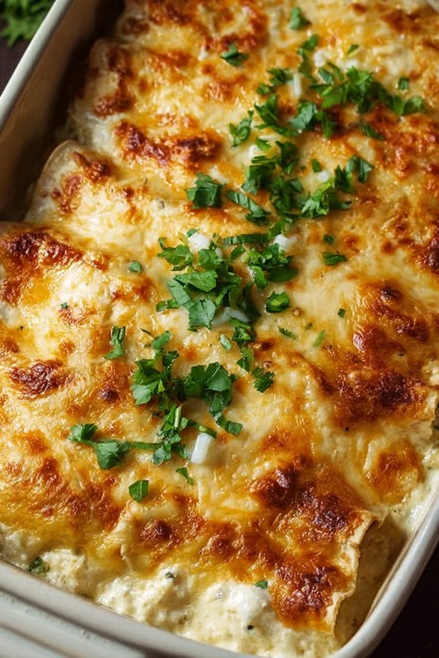 Delicious plate of creamy cream cheese enchiladas topped with sauce and herbs.