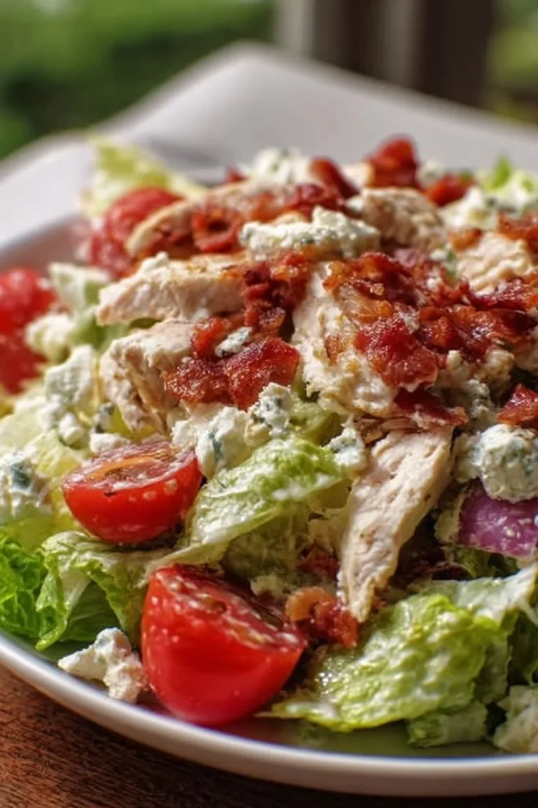 Creamy BLT chicken salad with bacon, lettuce, and diced chicken in a bowl