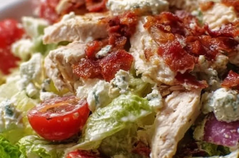 Creamy BLT chicken salad with bacon, lettuce, and diced chicken in a bowl