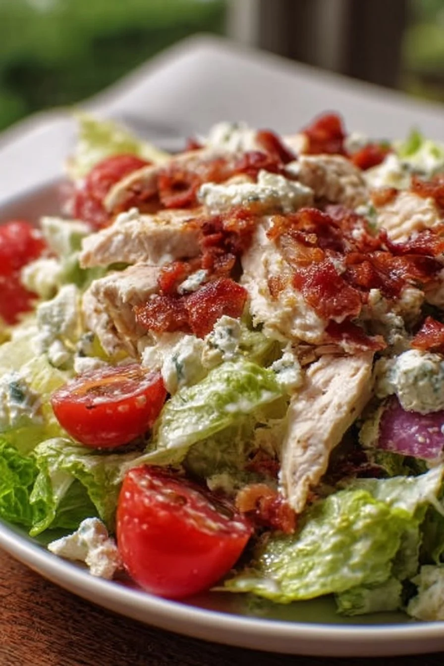 Creamy BLT chicken salad with bacon, lettuce, and diced chicken in a bowl