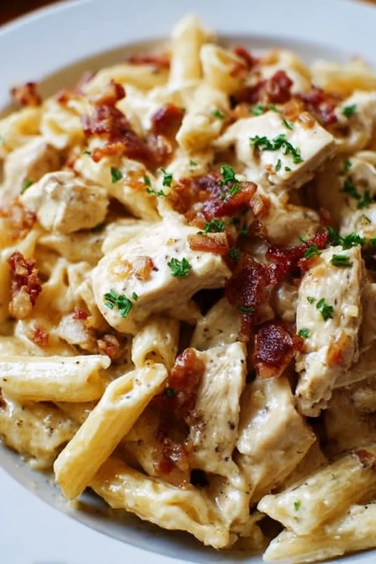 Creamy Chicken Bacon Ranch Pasta served in a bowl with fresh herbs
