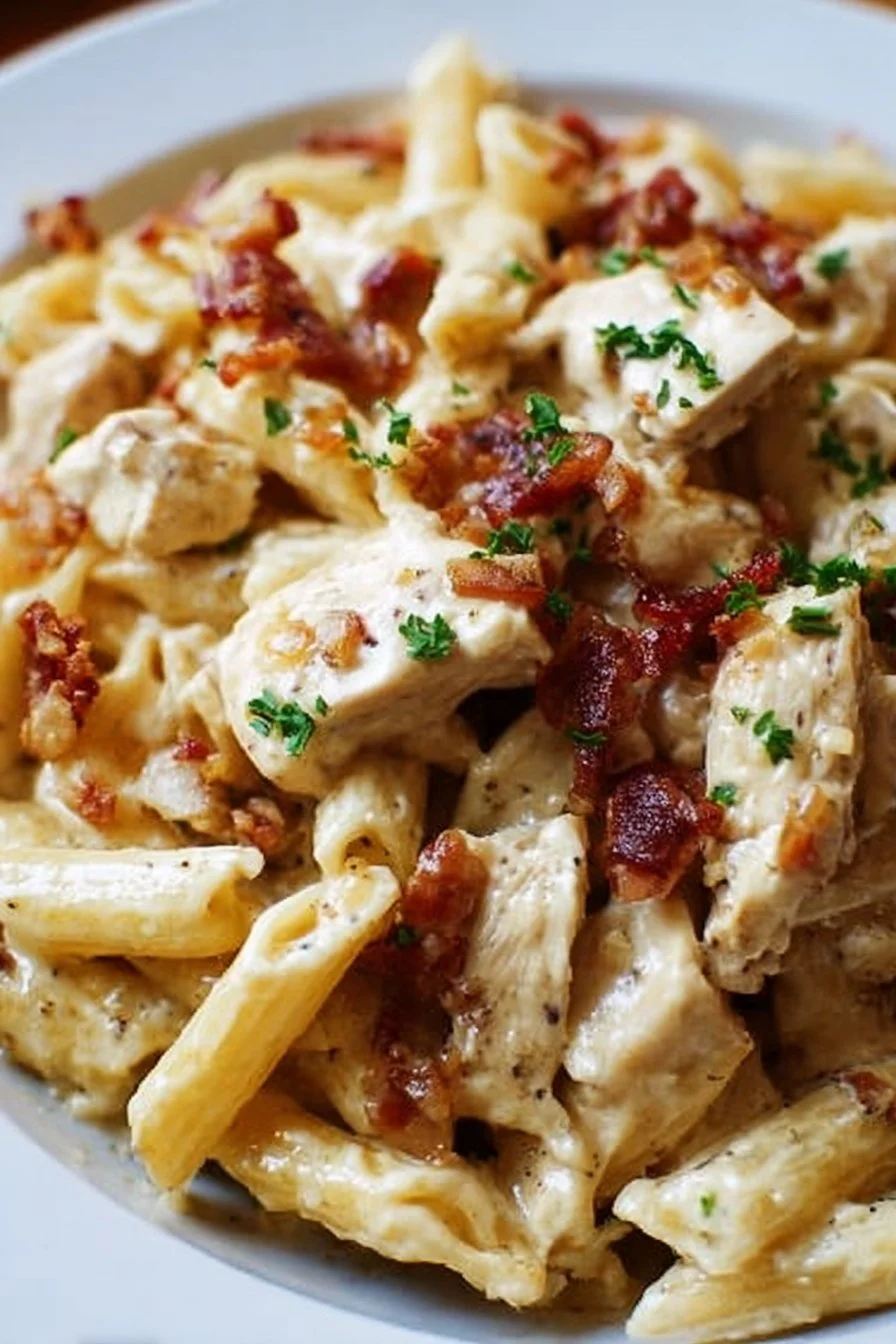 Creamy Chicken Bacon Ranch Pasta served in a bowl with fresh herbs