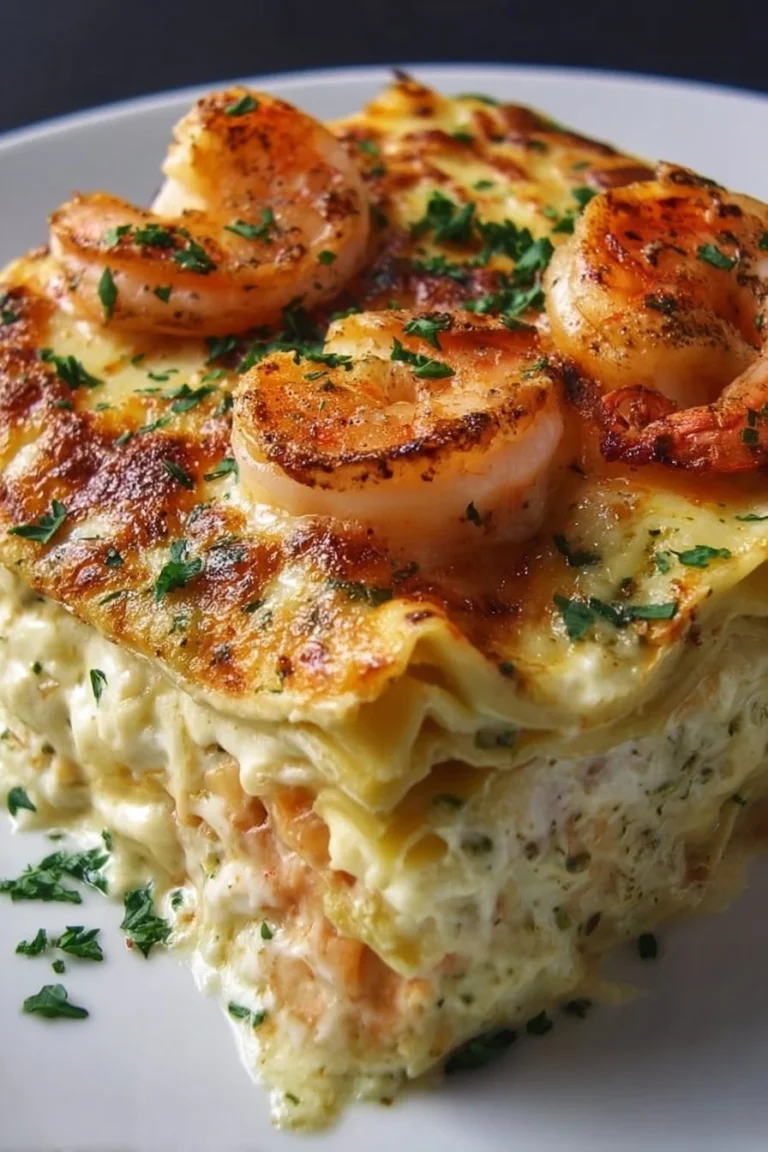 Creamy garlic butter shrimp scampi lasagna on a plate garnished with parsley