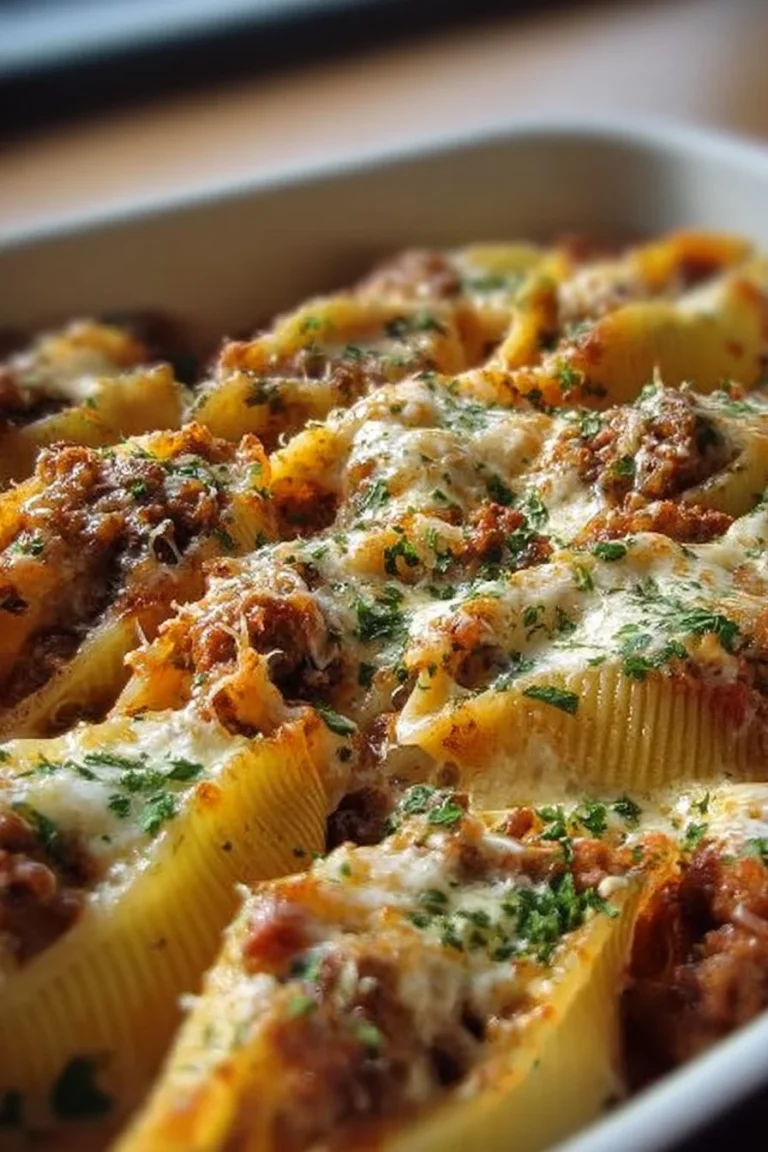 Delicious creamy ricotta beef stuffed shells pasta garnished with fresh herbs