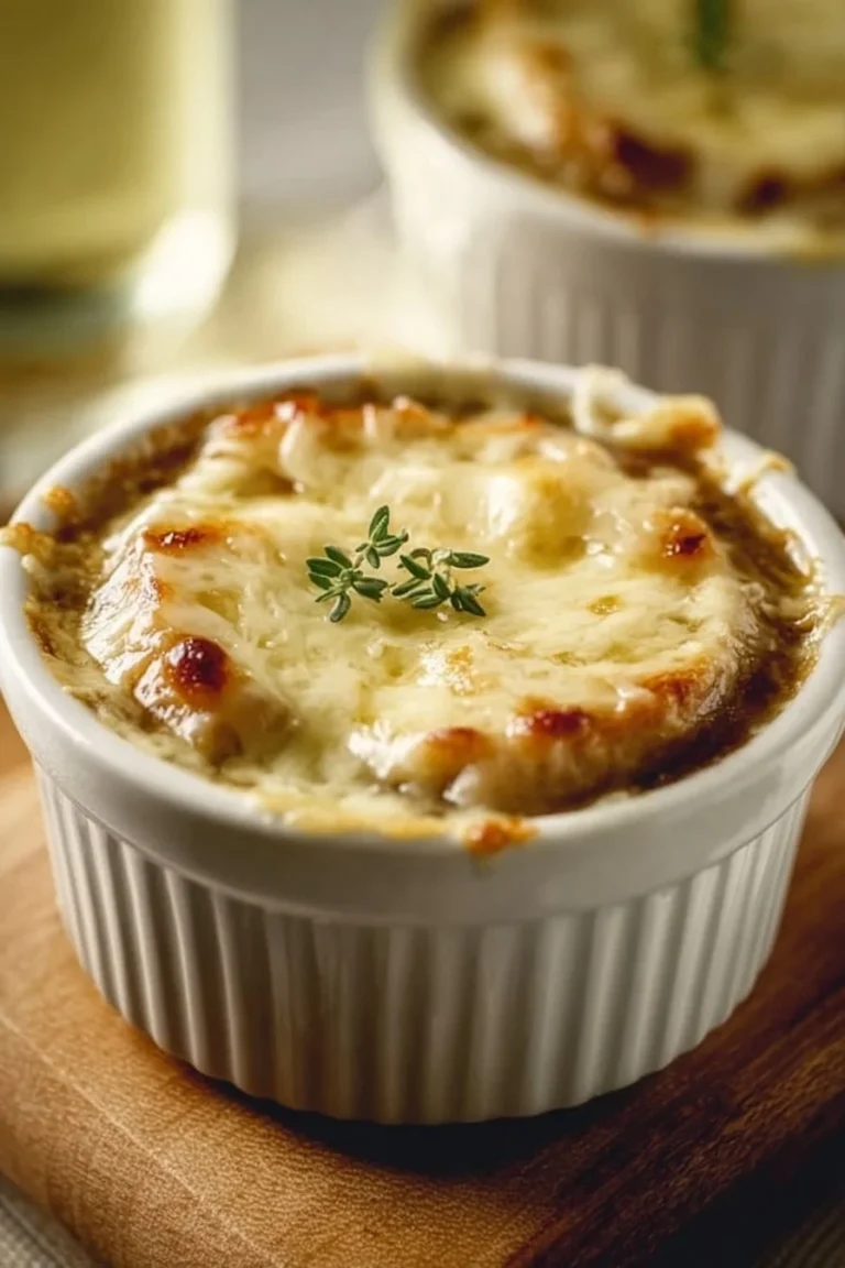 Creamy slow cooker French onion soup garnished with cheese and herbs