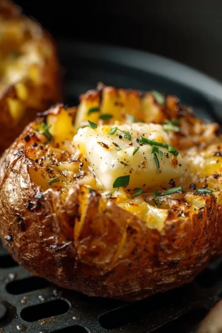 Crispy air fryer baked potato topped with sour cream and chives