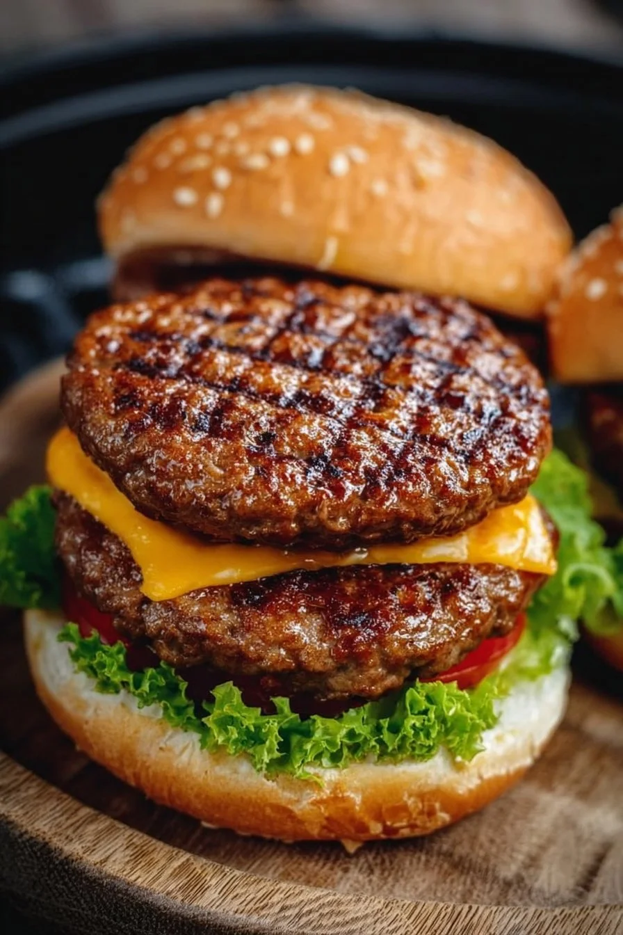 Crispy air fryer hamburgers served with fresh toppings and sides