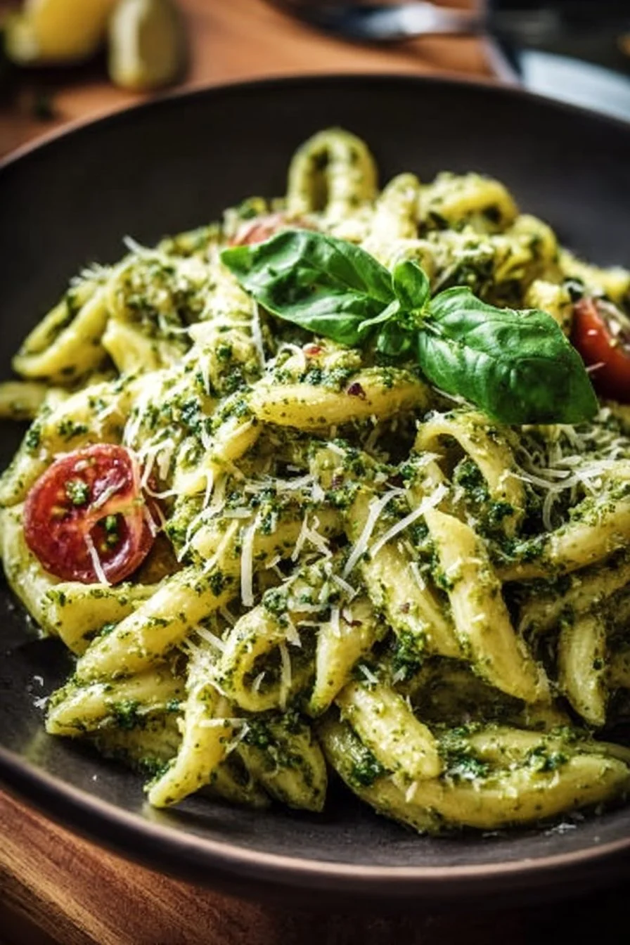 Crispy creamy pesto pasta garnished with herbs and a sprinkle of parmesan cheese.