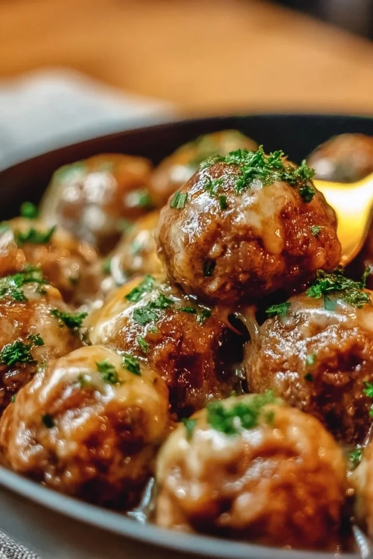 Delicious Crock Pot French Onion Meatballs served with melted cheese on top.