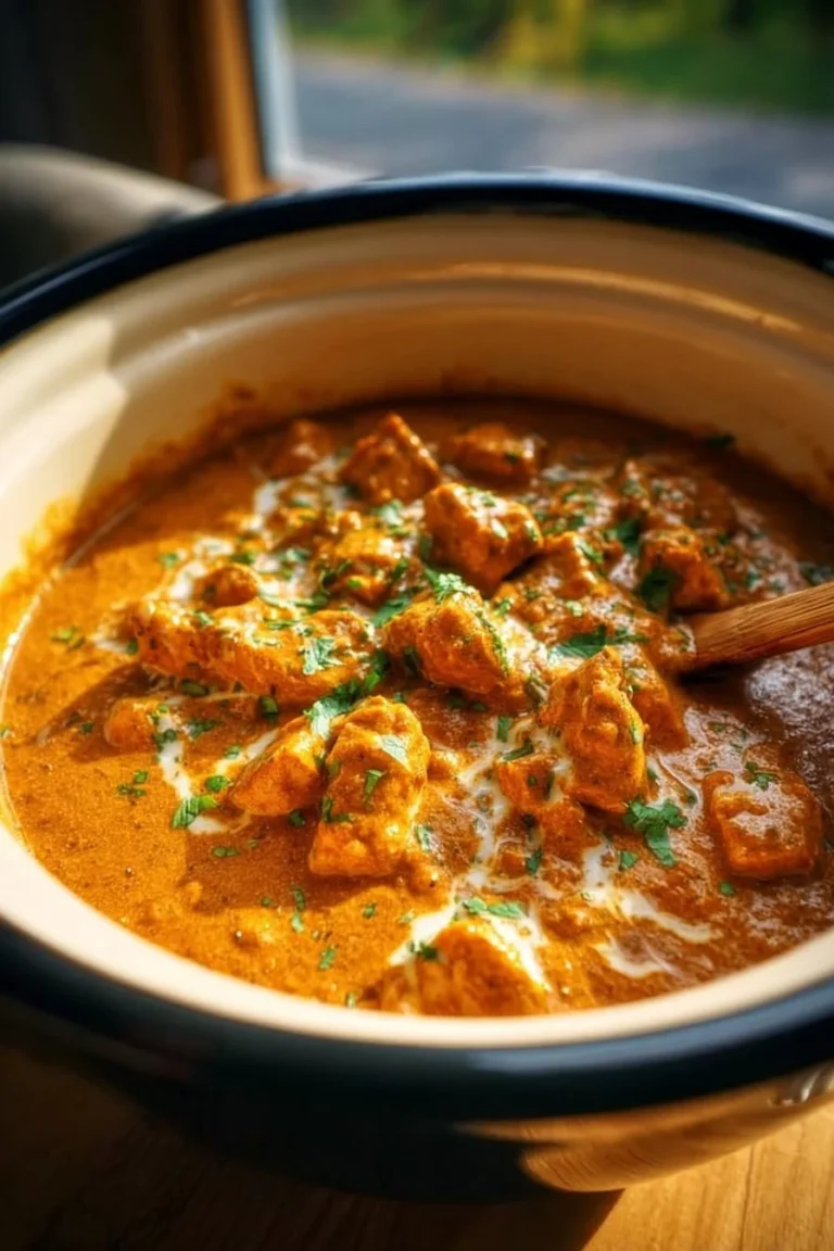 Delicious crockpot butter chicken served with rice and herbs