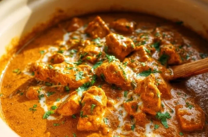 Delicious crockpot butter chicken served with rice and herbs