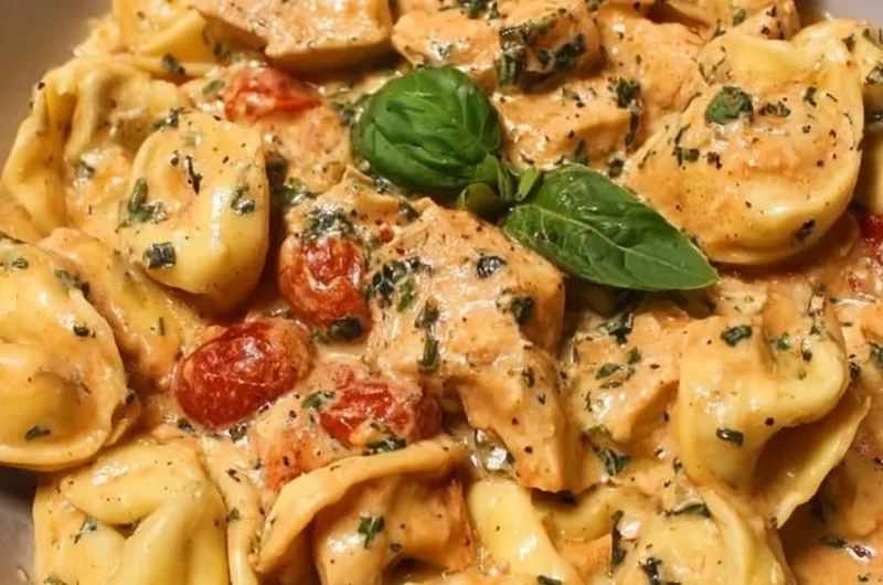 CrockPot chicken tortellini dish garnished with herbs