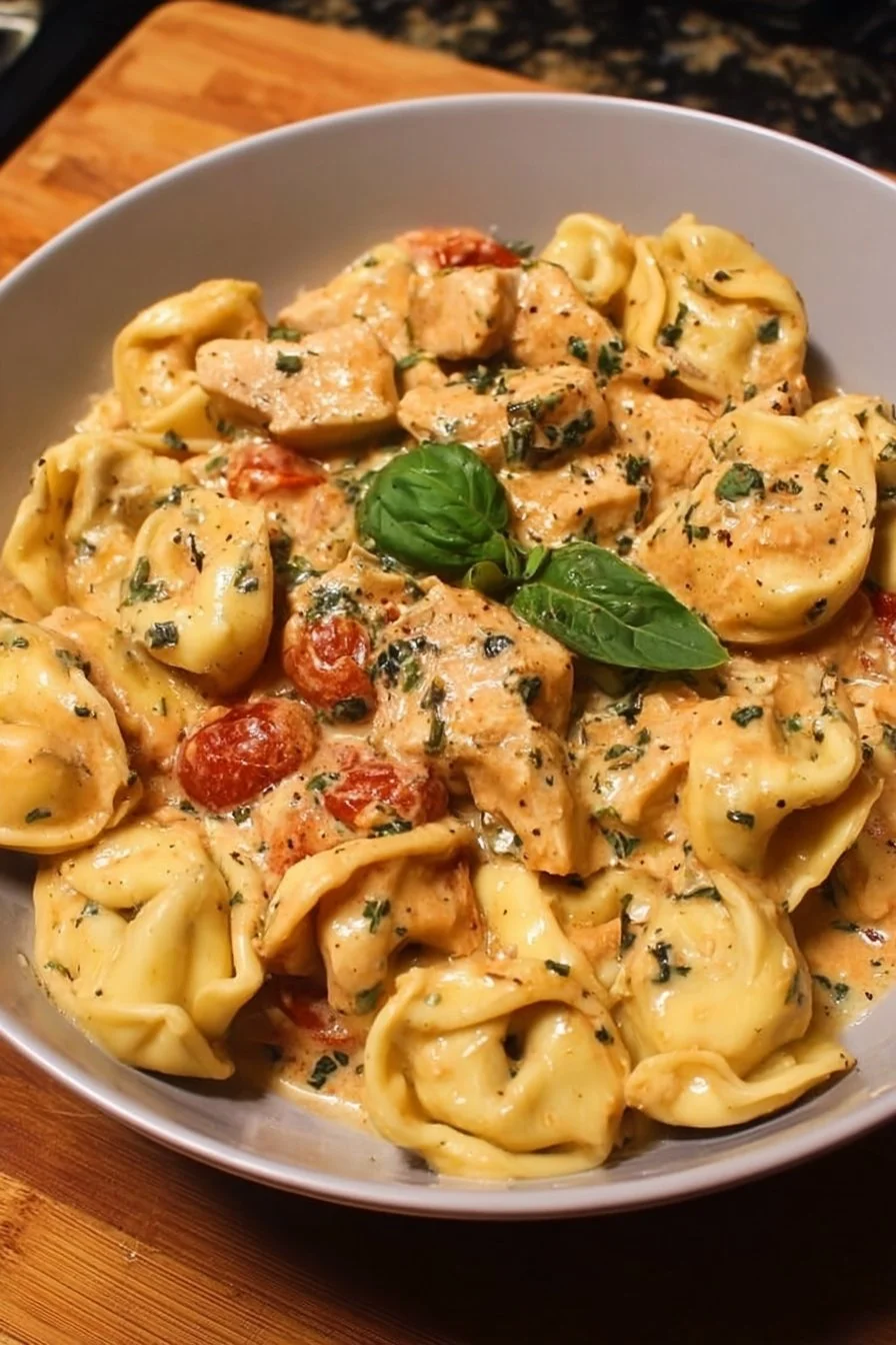 CrockPot chicken tortellini dish garnished with herbs