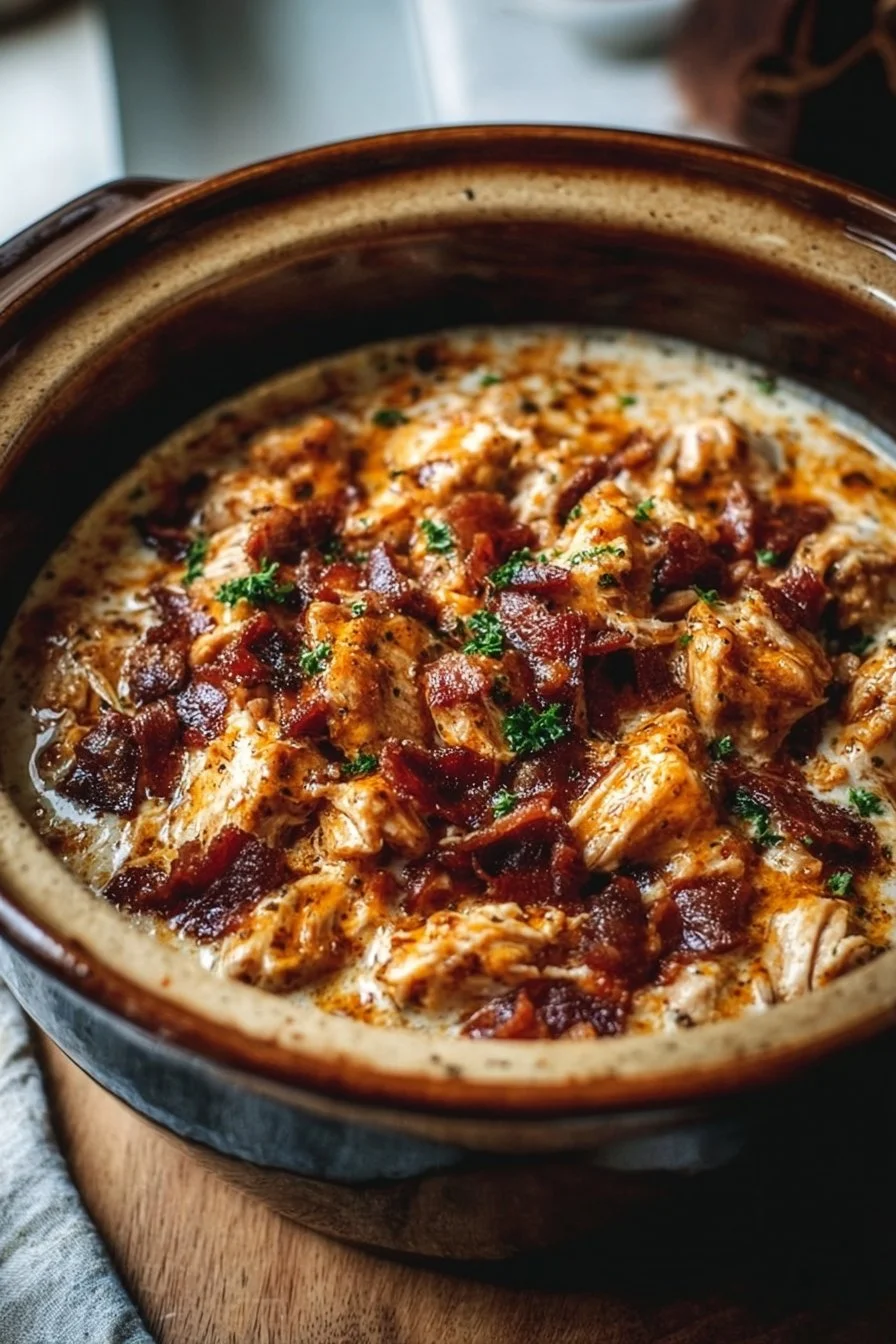 Delicious bowl of Crockpot Crack Chicken with creamy sauce and toppings