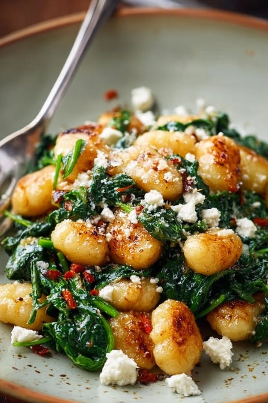 Crunchy crispy gnocchi with spinach and feta in a bowl for easy lunch ideas.