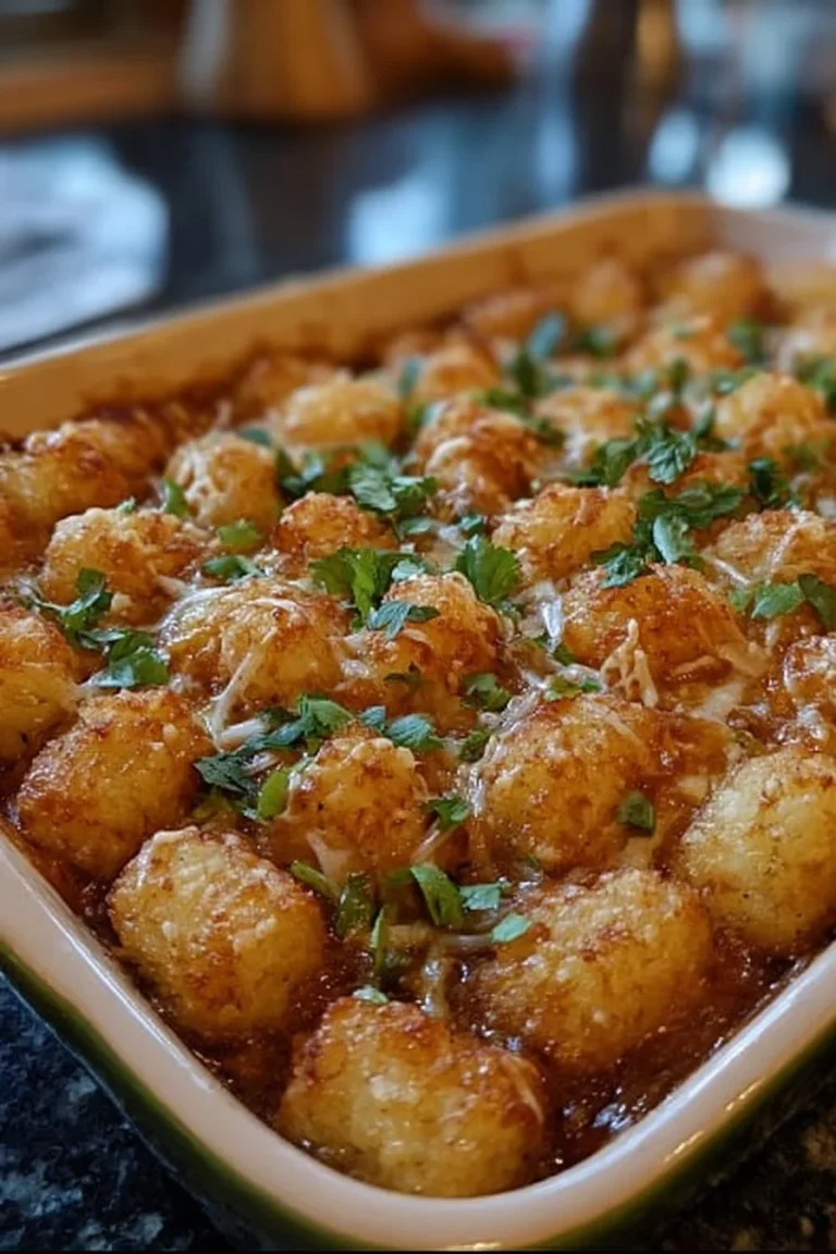 Dairy free gluten free tater tot casserole served in a baking dish