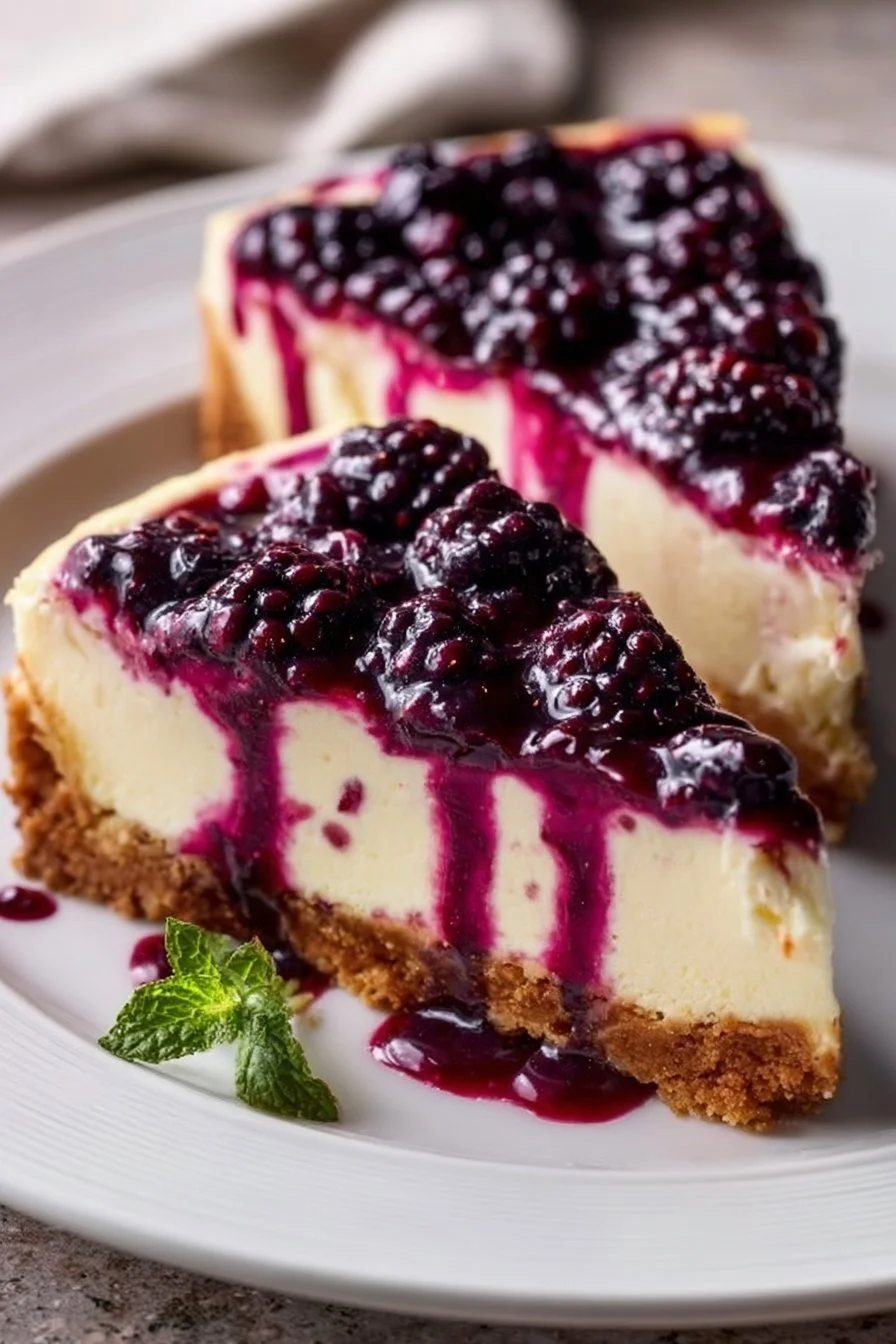 Decadent blackberry cheesecake topped with fresh blackberries and a graham cracker crust