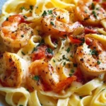 Decadent creamy shrimp fettuccine pasta served in a bowl with herbs.