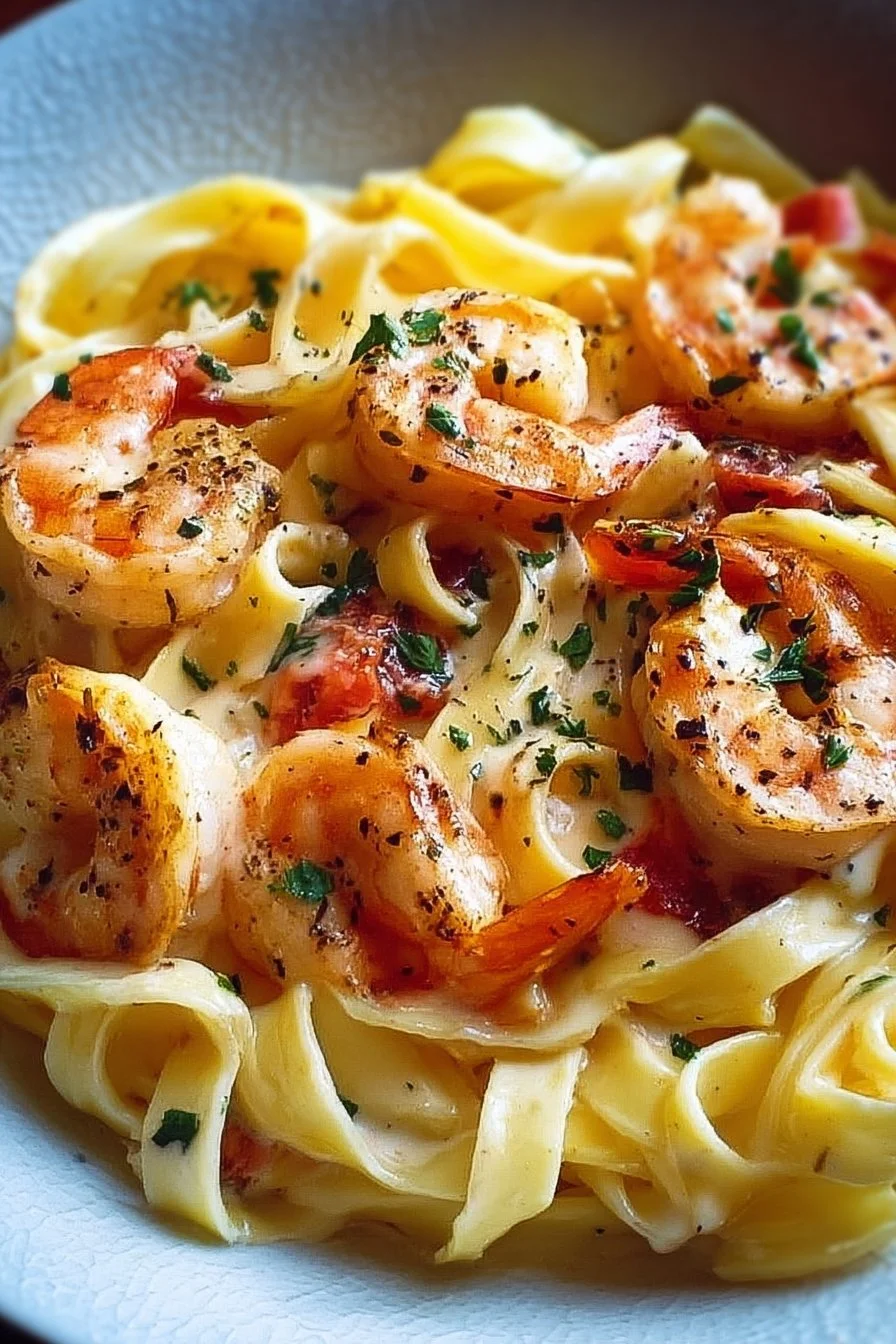 Decadent creamy shrimp fettuccine pasta served in a bowl with herbs.