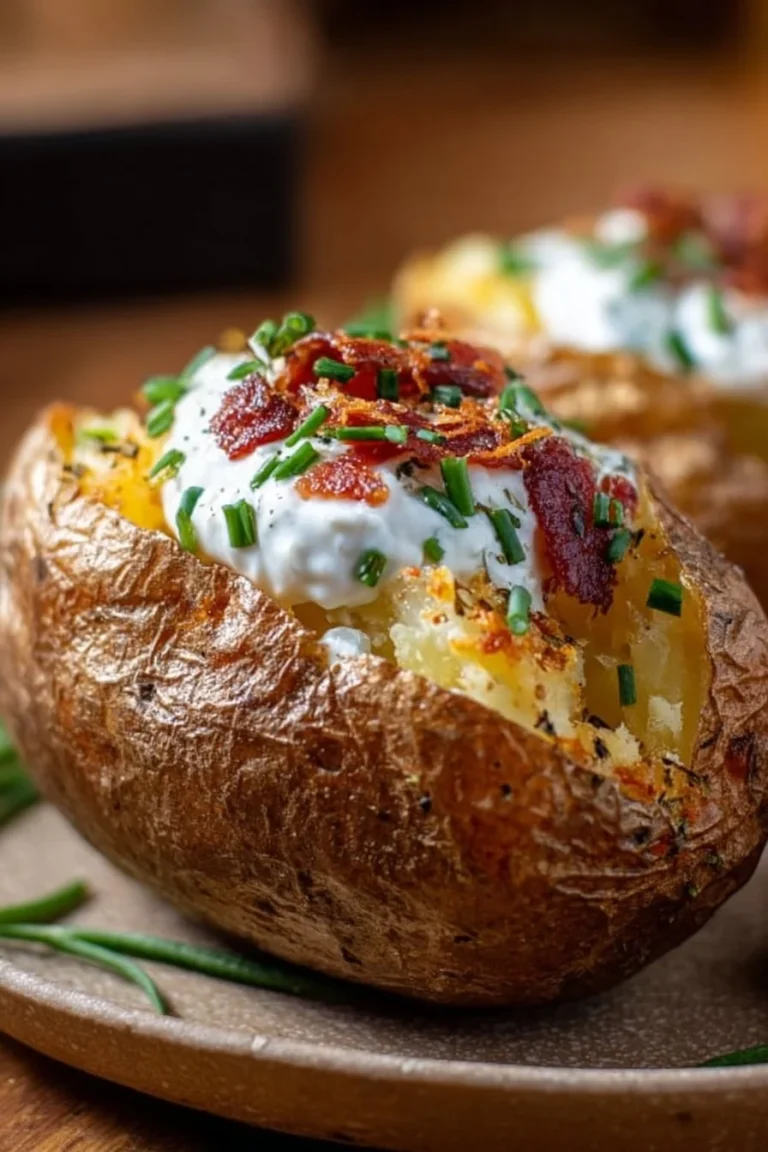 Air fryer baked potato garnished with sour cream and chives on a plate